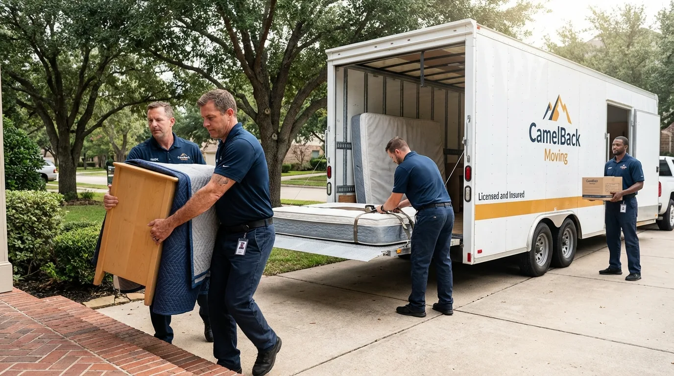 Crew loading residential truck for cross-state move from Keller, TX