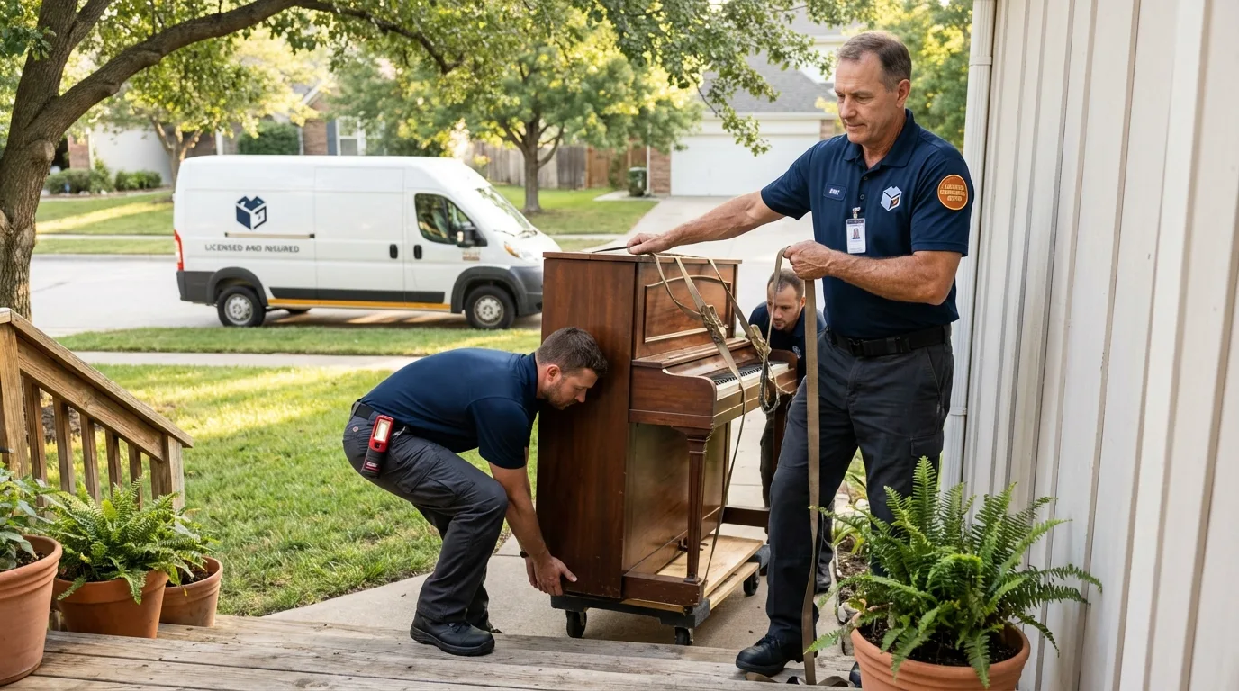 Licensed piano movers securing grand piano in Keller, TX