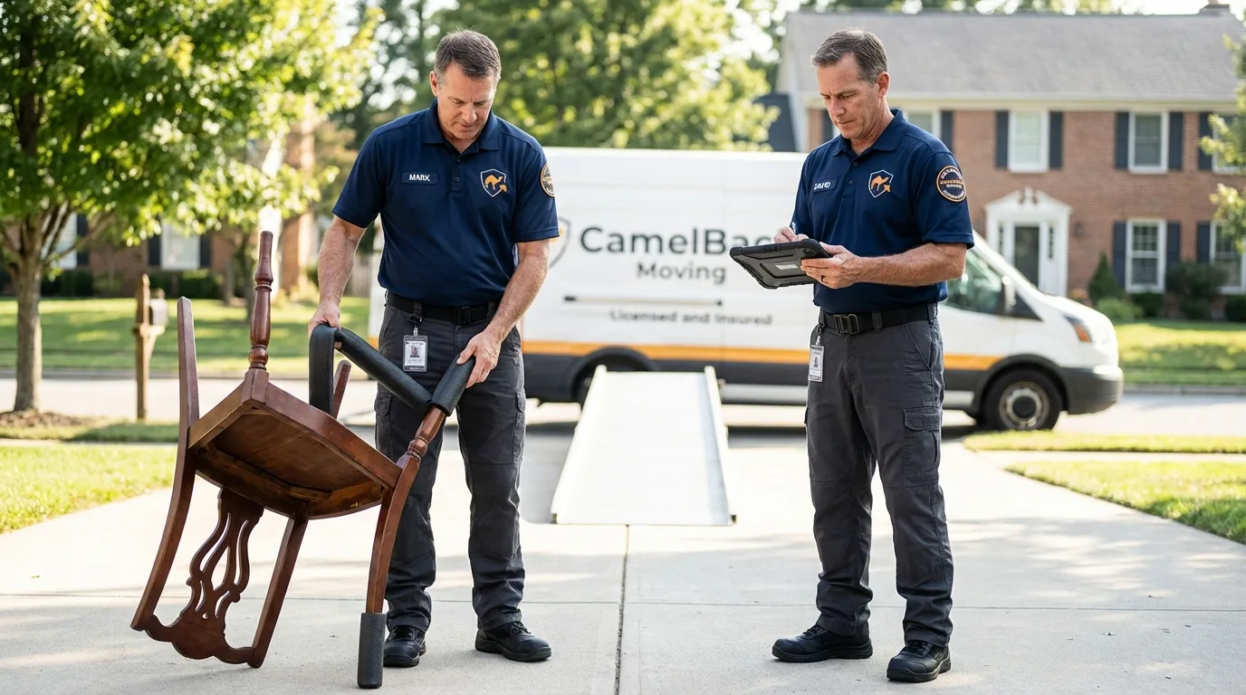 Movers inspecting furniture for damage prevention before loading in Keller, TX