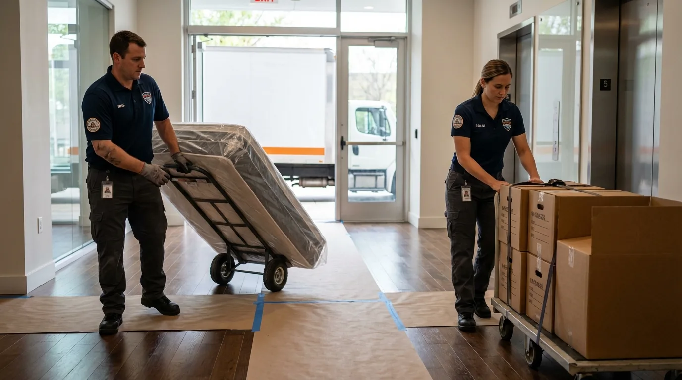 Professional apartment movers loading elevator in Keller, TX