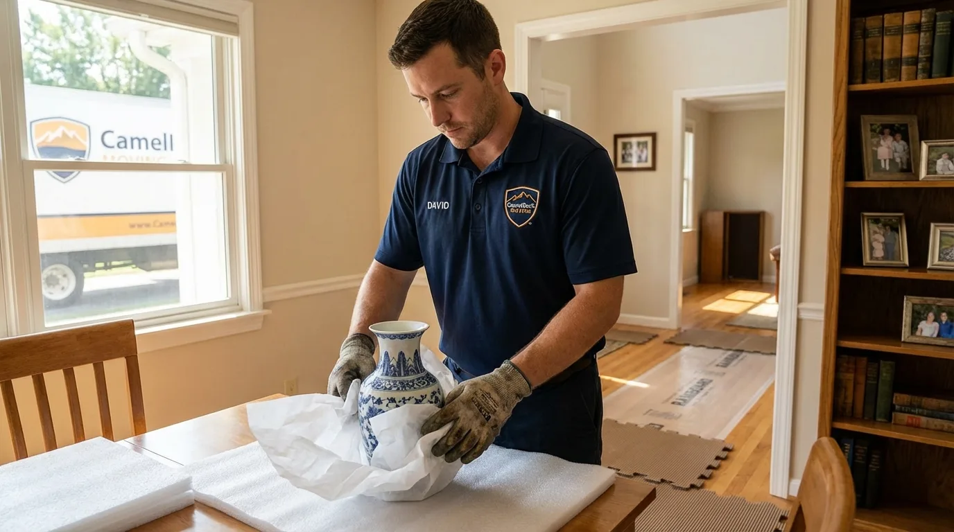Professional crew carefully wrapping antique vase for senior downsizing move in Keller, TX